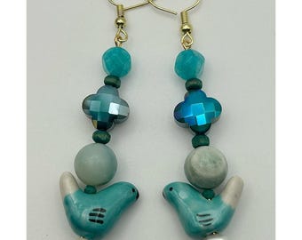 Blue Bird Earrings with Amazonite, Quartz, Ceramic, Wood