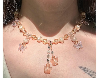 Pink Butterfly Necklace: Whimsical Jewelry with Pearl, Opal, Sunstone, Agate