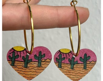 Desert Sunset Earrings: Hoops with Hand-Drawn Shrink Plastic Heart Charms