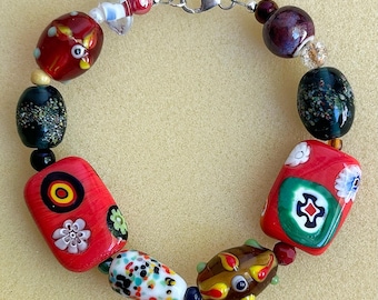 Funky Beaded Bracelet: Eclectic Boho Jewelry with Lampwork Glass and Millefiori