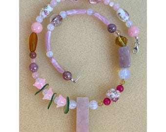Floral Pink Necklace: Artsy Asymmetrical Beaded Jewelry, One-of-a-Kind