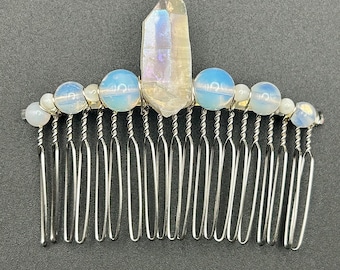 Decorative Hair Comb Wire-Wrapped with Crystal Quartz, Opal, Mother of Pearl