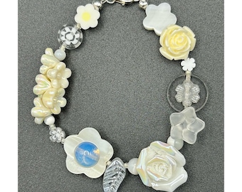 White Flower Bracelet: Romantic Beaded Jewelry with Opal, Mother of Pearl, Shell