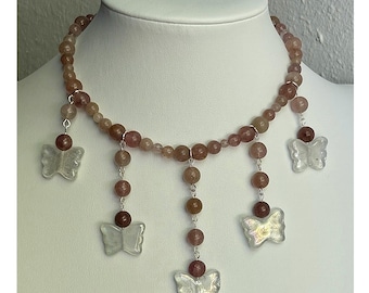 Strawberry Quartz Beaded Necklace: Whimsical Butterfly Jewelry
