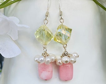 Carnation: Pink Agate with Pearl and Glass Earrings, Dainty Nature-Inspired Jewelry, Short Lightweight Dangle, Elegant Look, Handmade Design