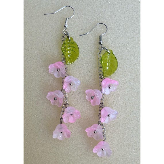Pink Flower Earrings: Long Plant Dangle, Botanical Jewelry