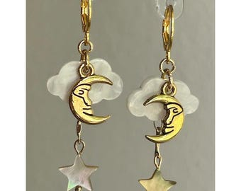 Moon, Cloud, Star Earrings: Minimalist Celestial Jewelry, Whimsical Boho Fashion