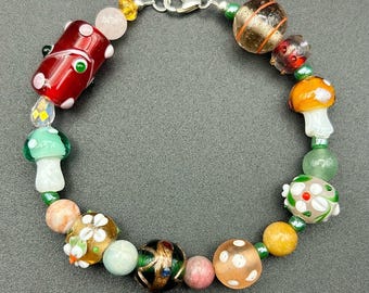 Artsy Botanical Bracelet with Lampwork Glass and Gemstones, Fun Eclectic Fashion