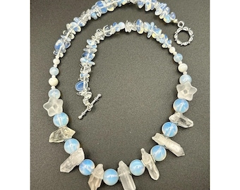 Clear Flower Necklace: Beaded Jewelry with Crystal Quartz, Opal, Moonstone