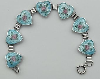 Rare Vintage 1940s Blue Floral Guilloché Enamel Heart Link Bracelet, Fine Sterling Silver Jewelry