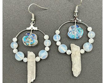 Clear Rose Earrings: Beaded Hoops with White Crystal, Opal, Mother of Pearl