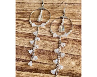 Silver Coating of Dew: Czech Glass and Quartz Hoop Statement, Whimsical Nature-Inspired Design, One-of-a-Kind Handmade Cottagecore Earrings