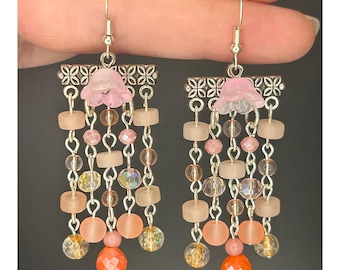 Pink Flower Earrings: Whimsical Chandelier, Colorful Beaded Dangle with Quartz
