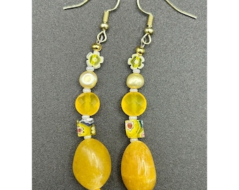 Yellow Floral Earrings with Agate, Citrine, Pearl, Millefiori