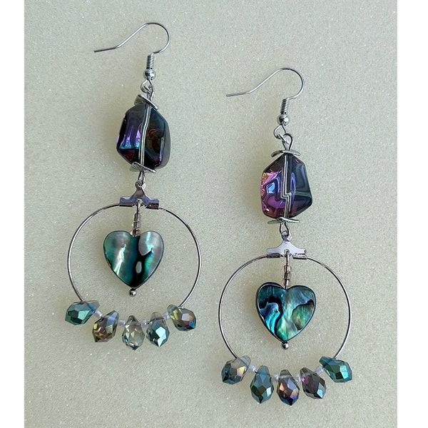 Dripping Raindrops: Abalone and Glass Beaded Hoop Earrings, Fun and Funky Handmade Jewelry, Whimsical Nature-Inspired Dangle, Bold Accessory