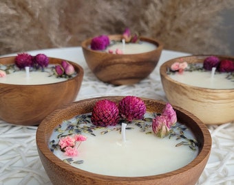 Candles | Soy wax | Wooden bowl | Candles with dried flowers | Decorative gift idea scented candle | Home | 150g