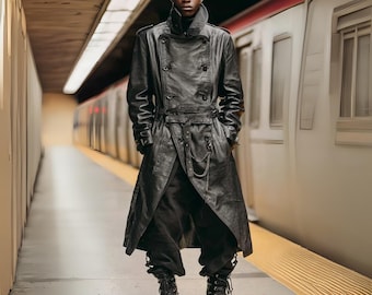 Svart läder trenchcoat för män, fårskinnsjacka i gotiskt material, steampunk ytterkläder, handgjord herrkappa, present till honom, sliten läderjacka