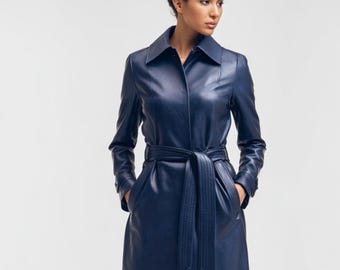 Navy Blue Leather Trench Coat Women Long Vintage Minimalist Style