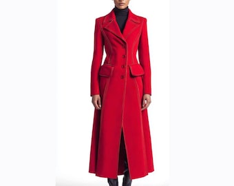 Vinröd ullkappa för kvinnor, vinteröverrock, lång, dubbelknäppt, elegant, handgjord, unik present till henne, vintagestil
