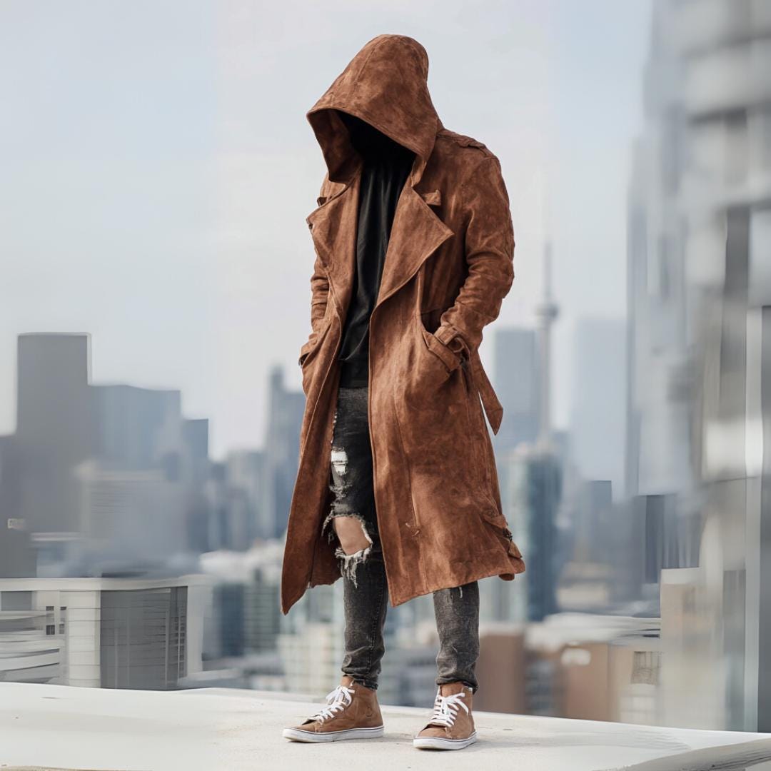 Hooded Mens Long Brown Jacket Men's Brown Hooded Jacket Distressed Leather Hooded Jacket