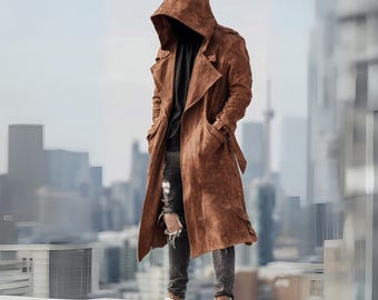 Brown Suede Hooded Coat Men, Long Leather Trench Jacket, Vintage Style Outerwear, Handmade Mens Coat, Gift for Him