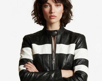 Damen Schwarz Weiß Gestreifte Lederjacke - Vintage Racing Style Bikerjacke - Premium Echtledermantel - Retro Motorradjacke