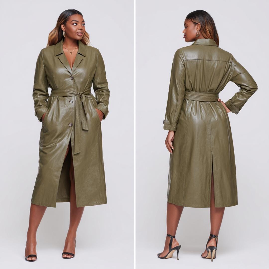 オリーブグリーンのレザートレンチコート（レディース）、ロング丈