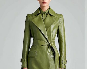 Grön trenchcoat i konstläder för kvinnor, höstvinter, lång kappa, retro 70-talsstil, handgjord lång kappa, vegansk New York-stil, överkappa för kvinnor