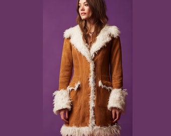 Abrigo de mujer de borrego sintético - Chaqueta de ante estilo bohemio con ribete de piel sintética - Prenda de abrigo de invierno estilo años 70