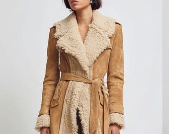 Brun mocka trenchcoat för kvinnor cowgirl western mocka duffeljacka vinterjackor för kvinnor fårskinnspälsdetaljer handgjord present till henne läderkappa