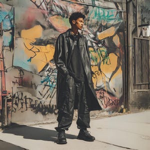 May include: A person in a black leather trench coat, trousers, and boots stands before a graffiti-covered wall. The coat is long and flowing, and the trousers are loose-fitting. The wall features a mix of colours and abstract designs.