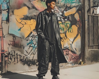 Svart överdimensionerad läderkappa herr, lång fårskinnsjacka, streetwear ytterkläder, handgjord herrkappa, present till honom läderkappa herr sliten