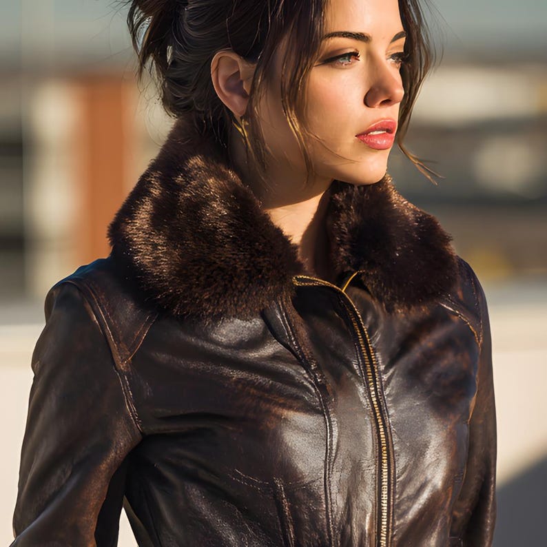 K&ouml;nnte beinhalten: Braune Lederjacke mit einem Kunstfellkragen. Die Jacke hat einen goldenen Rei&szlig;verschluss und ein klassisches Design. Das Leder wirkt abgenutzt und verleiht ihm einen Vintage-Look. Der Pelzkragen verleiht der Oberbekleidung einen Hauch von Luxus.