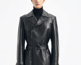 Herr svart handgjord läder trenchcoat matrix stil lång jacka äkta fårskinn läder present till honom lång läder ryttare jacka