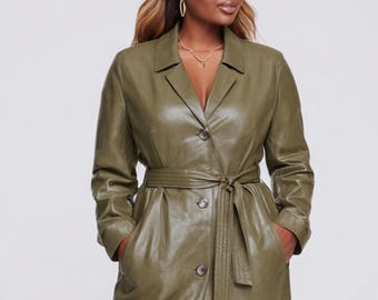 Olivgrön lädertrenchcoat för kvinnor, lång fårskinnsjacka, ytterkläder i vintagestil, handgjord kappa, present till henne