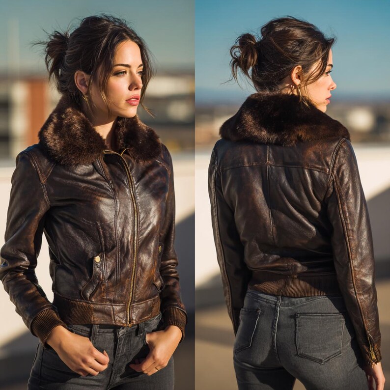 K&ouml;nnte beinhalten: Braune Lederjacke mit Pelzkragen. Die Jacke hat einen Rei&szlig;verschluss, Taschen und einen gerippten Saum. Das Model tr&auml;gt graue Jeans. Die Jacke hat ein Vintage-Aussehen.