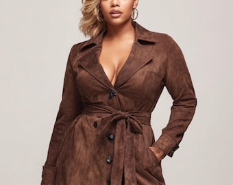 Brun mocka trenchcoat för kvinnor, åtsittande läderjacka, ytterkläder i vintagestil, handgjord damkappa, present till henne