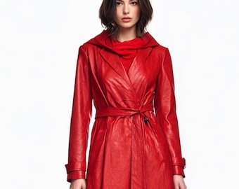 Röd lädertrenchcoat | Damluvad lång vintagejacka i Y2K-stil med konstläder | Handgjord unik present till henne | Lång klänning för kvinnor