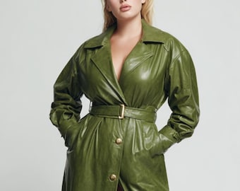 Grön lädertrenchcoat för kvinnor, fårskinnsjacka, minimalistiska ytterkläder, handgjord damkappa, present till henne, vinterkappor plus size-kappa