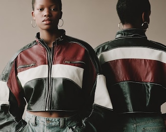 Vintage kurze Lederjacke Damen Colorblock Bomberjacke Racing Motorradjacke 80s Style Fashion Oberbekleidung