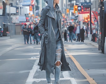 Grå trenchcoat med huva för kvinnor, konstläderjacka, Y2K Streetwear-ytterkläder, handgjord damkappa, present till henne