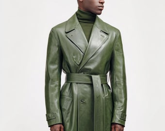 Men's WW2 Officer Leather Trench Coat Double-breasted Long Jacket
