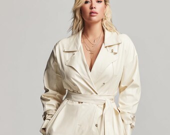 Krämvit trenchcoat i konstläder för kvinnor, överdimensionerad jacka, minimalistiska ytterkläder, handgjord damkappa, present till henne