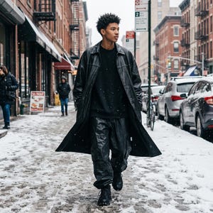 May include: A black leather trench coat worn over a black sweatshirt and black cargo pants. The outfit is completed with black boots. The ensemble features a monochromatic dark aesthetic with visible texture on the leather coat and pants.