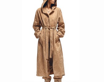 Brun mockakappa med huva för kvinnor, lång läderjacka, y2k-ytterkläder i vintagestil, handgjord trenchcoat, present till henne, vintage vinterkappa