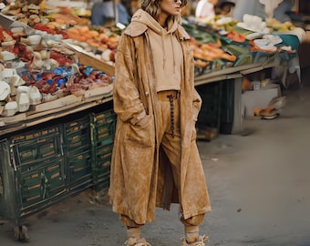Brun mockakappa för kvinnor, lång brun läderjacka, ytterkläder i vintagestil, handgjord y2k-kappa för kvinnor, present till henne Vintage vinterkappa
