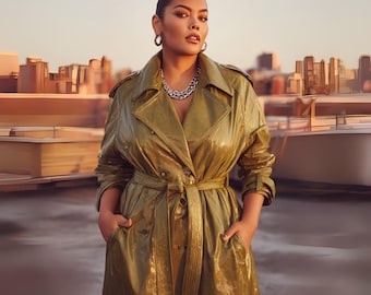 Olive Green Faux Leather Trench Coat Women, Metallic Jacket, Statement Outerwear, Handmade Womens Coat, Gift for Her plus size coat