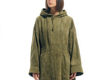Grön mockakappa med huva för kvinnor, minimalistisk boho lång maxikappa, handgjord present till henne, vintagestil, överdimensionerad jacka, unik mockakappa för kvinnor