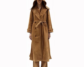 Brun mockakappa med huva, lång läderjacka, trenchcoat i vintagestil, handgjorda ytterkläder, present till honom