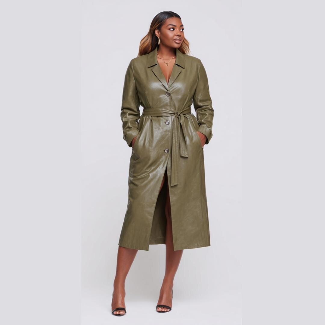 オリーブグリーンのレザートレンチコート（レディース）、ロング丈